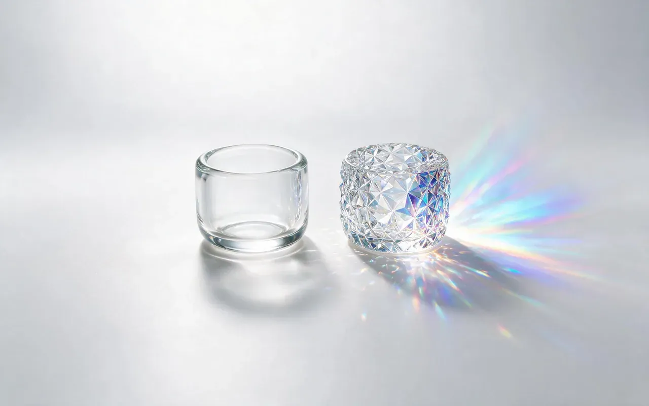 Deux formes de verre côte à côte sur une surface claire : l'une parfaitement transparente, l'autre profondément facettée et déployant un arc-en-ciel.
