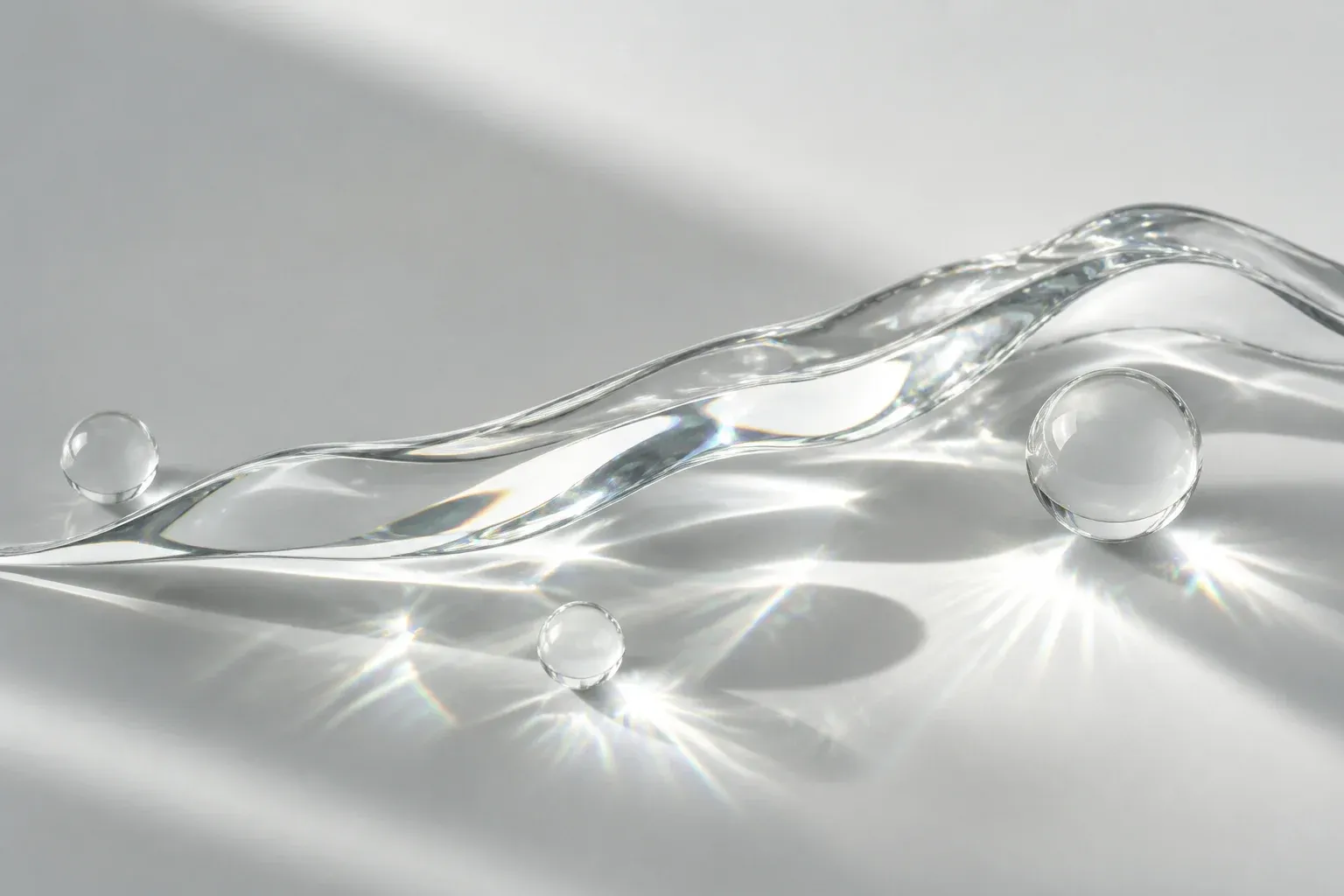 A clear glass water ribbon and spherical droplets on a pale studio surface, with soft prismatic light on the table.
