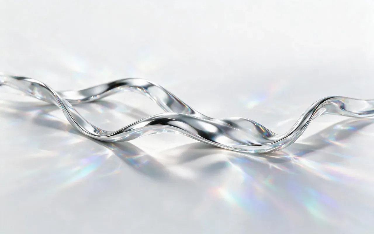 Un ruban continu de chrome poli et de verre transparent serpentant comme une rivière sur une surface claire, dispersant des reflets arc-en-ciel.
