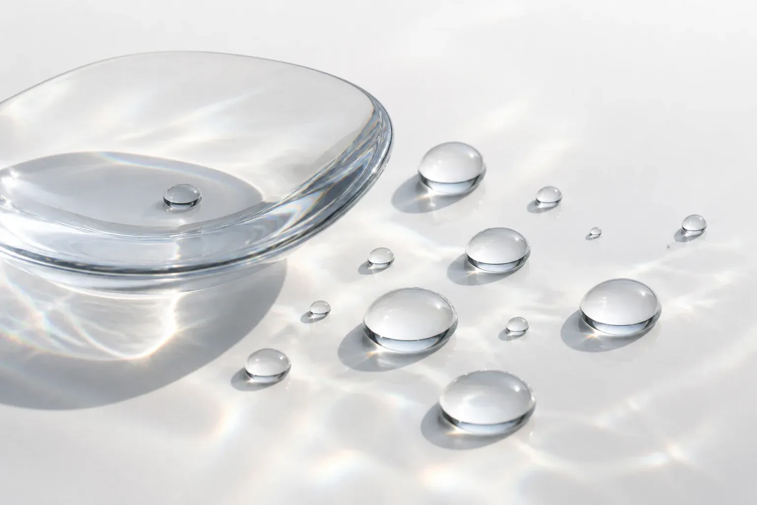 Clear glass raindrops and a shallow glass dish on a pale studio surface, casting soft prismatic caustics.