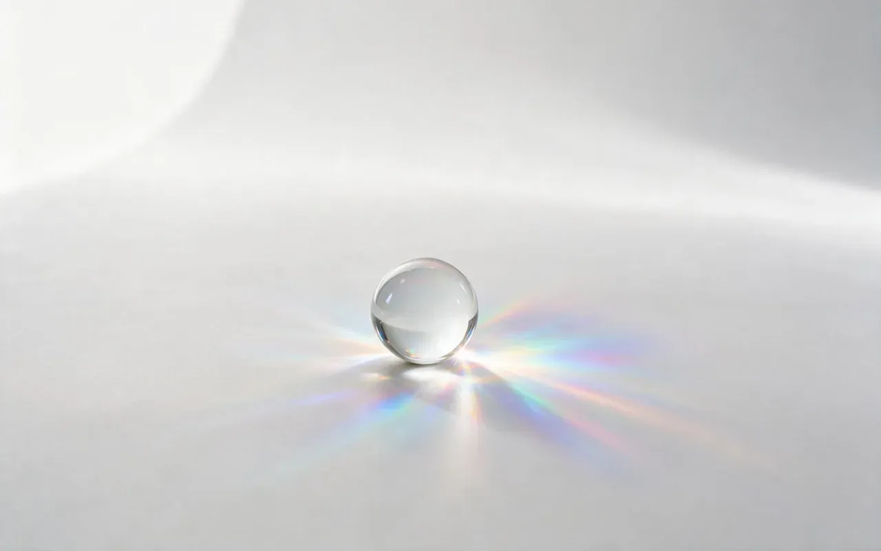 Une sphère de verre parfaitement transparente sur une surface claire, concentrant la lumière en un point brillant entouré d'un halo arc-en-ciel.