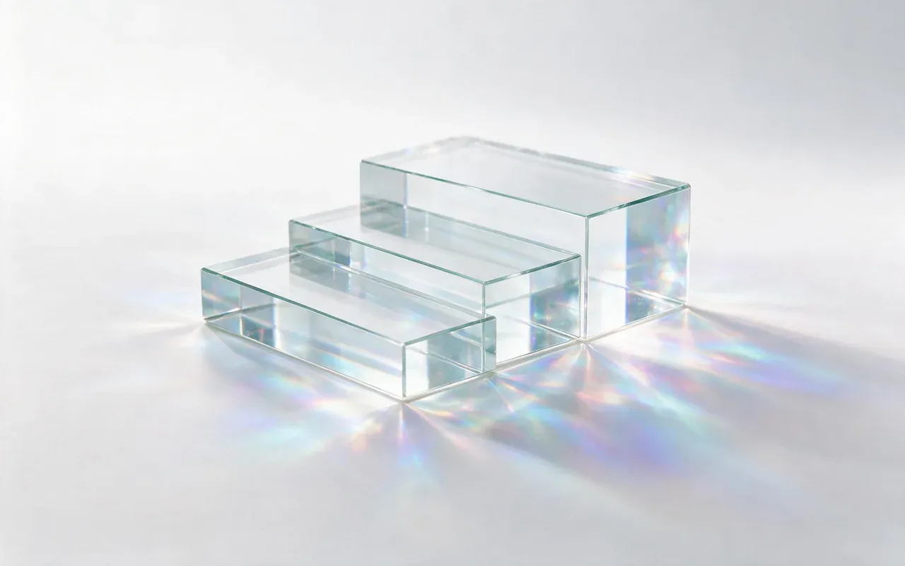 Trois dalles de verre épais empilées en marches ascendantes sur une surface claire, la plus haute captant un éclat prismatique.