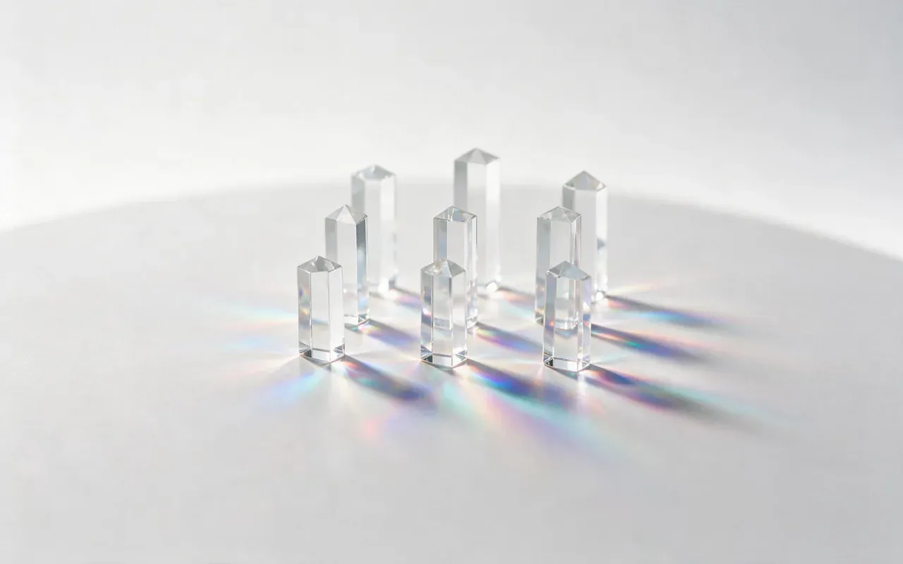 Neuf petits prismes de verre facetté disposés en grille sur une surface claire, chacun projetant sa propre caustique arc-en-ciel.