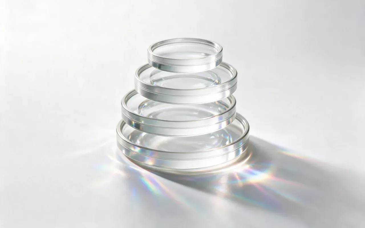 Une tour de quatre lentilles épaisses en verre optique de taille croissante, chaque rebord projetant une bande d'arc-en-ciel nette.